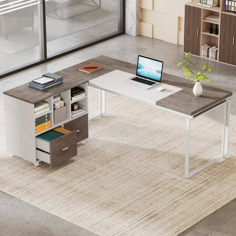 Tribesigns 63" Gray and White L-Shaped Executive Desk with Reversible File Cabinet