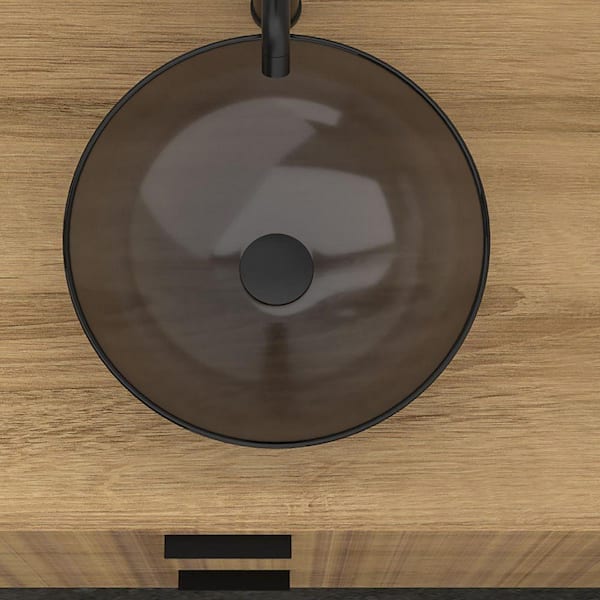 16 in. Vessel Round Bathroom Sink with Pop-up Drain in Grey Tempered Glass