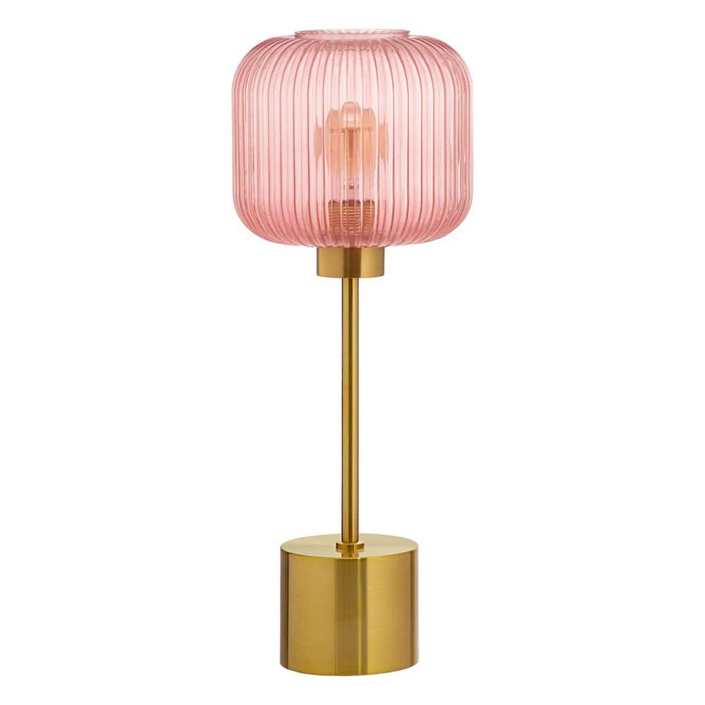 21.25" Brushed Gold Metal Table Lamp with Pink Glass Shade