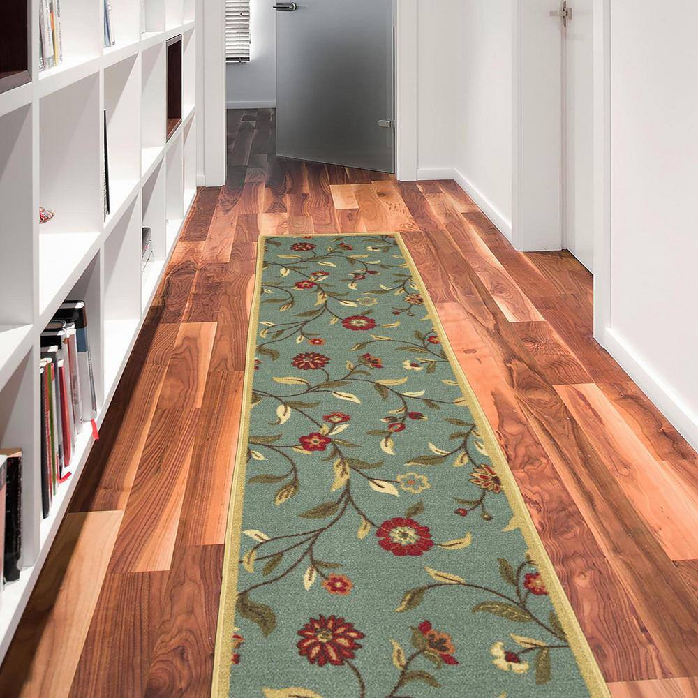 Seafoam Green Floral Non-Slip Runner Rug with Rubber Backing