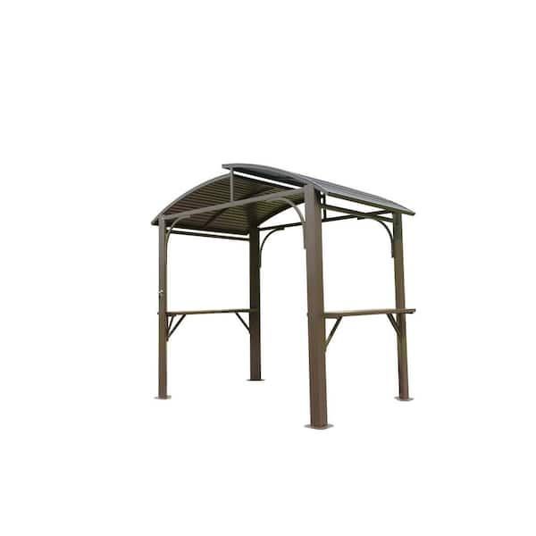 Unbranded 8 ft. x 5 ft. Arc Roof, Outdoor Grill Canopy with Double Galvanized Steel Roof and 2 Side Shelves, Brown