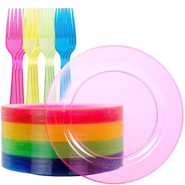 100 Piece Pink Square Dessert Plates and Gold Dessert Forks Set with 6 Inch Plates and 5 Inch Forks