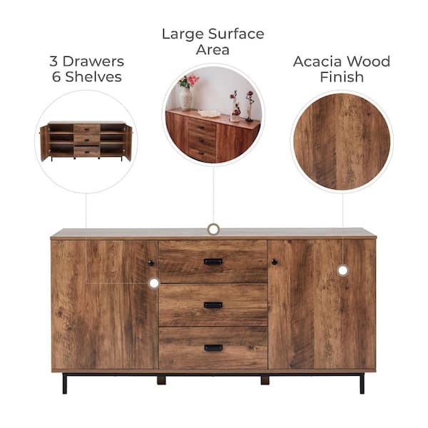 Brooklyn 58.5 in. W x 29.75 in. H Mid-Century Modern Sideboard with Storage, Brown Acacia Wood Finish and Black Hardware