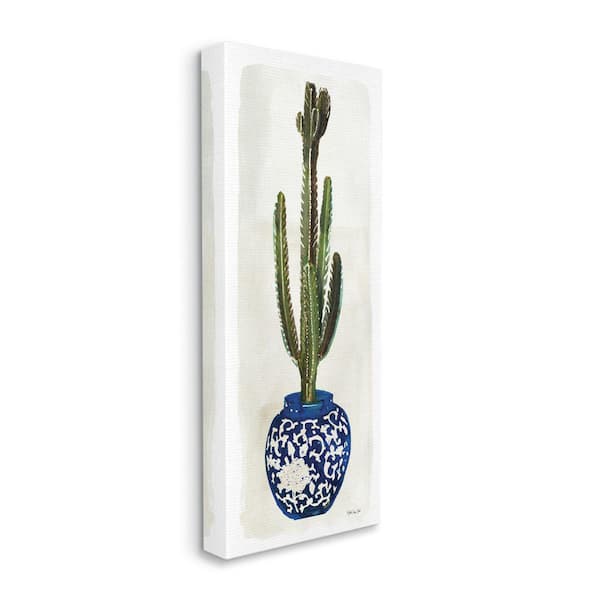 Stupell Industries "Cactus in Blue Ornate Vase Still Life" by Stellar Design Studio Unframed Nature Canvas Wall Art Print 20 in. x 48 in.