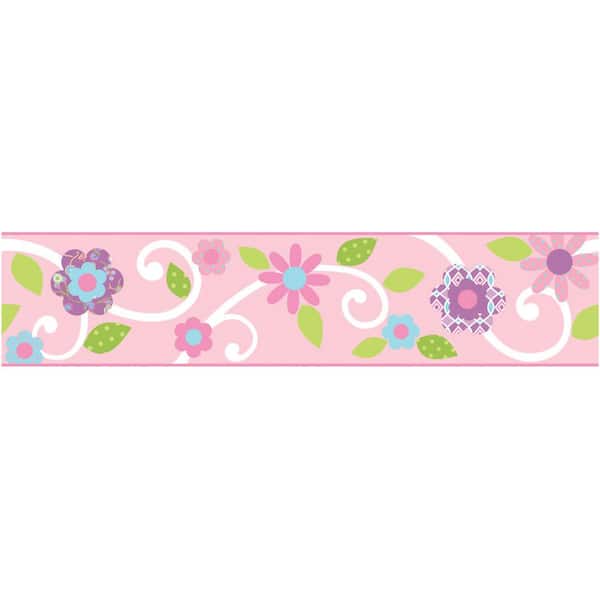 RoomMates Pink and White Scroll Floral Multi-Colored Matte Vinyl Peel and Stick Wallpaper Border