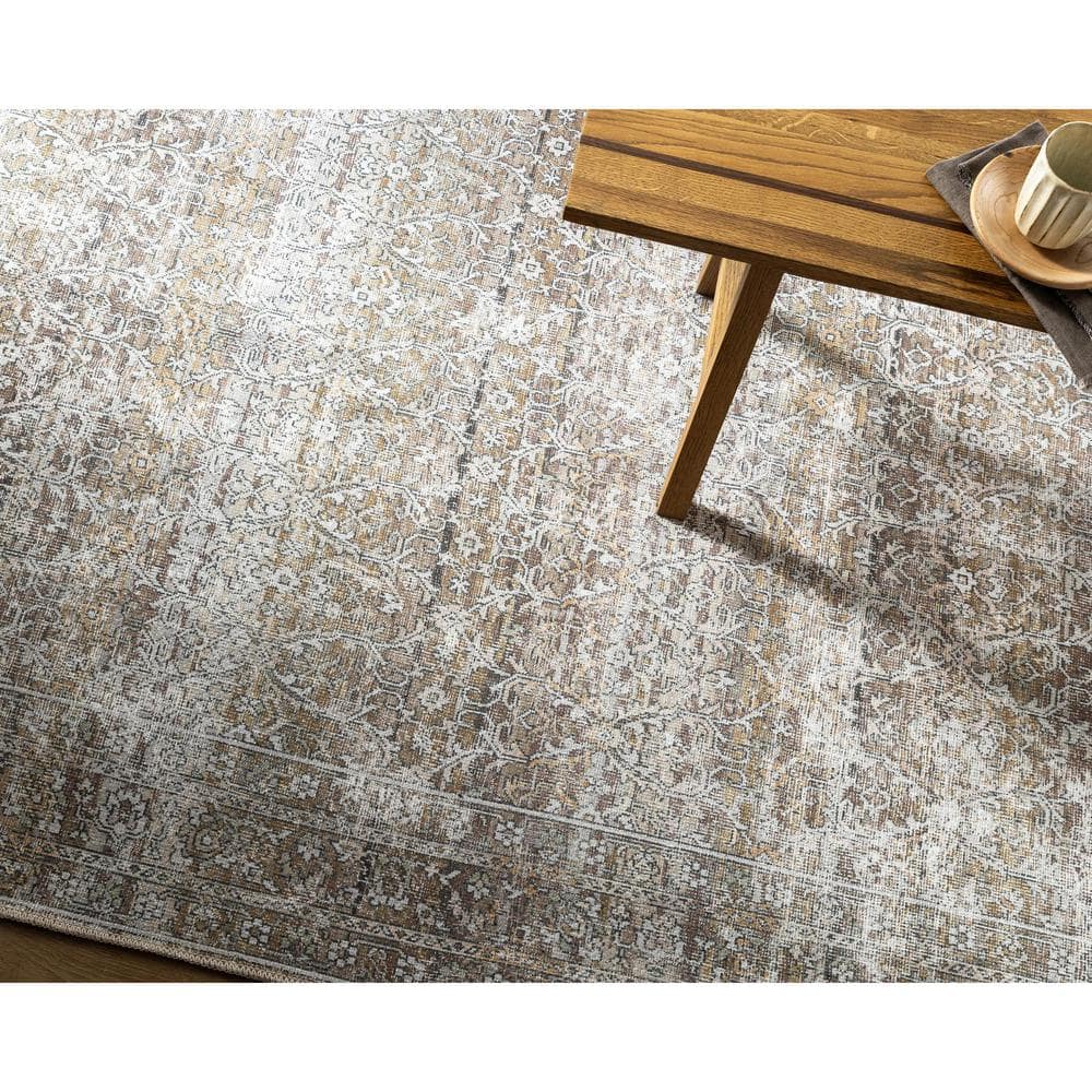 Taupe and Cream Rectangular Washable Synthetic Area Rug