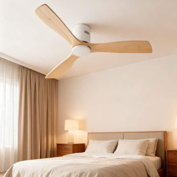 52 in. Modern Indoor White Solid Wood White Blades Flush Mount Ceiling Fan with Noiseless Reversible DC Motor and Remote
