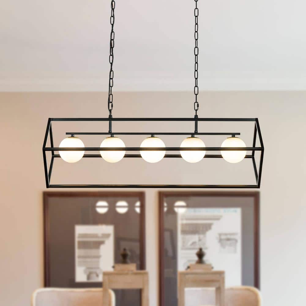 38 in. 5-Light Industrial Linear Geometric Chandelier in Black Metal Frame 