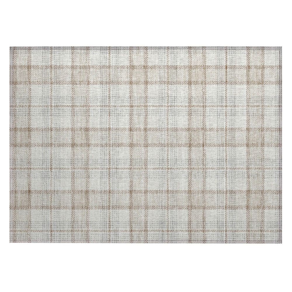 Ivory and Beige Plaid Machine Washable Indoor/Outdoor Rug