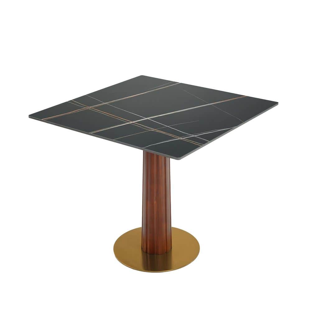 33.46 in. Black Square Marble Top Table Coffee Table Conversation Accent Sets with Solid Wood Base, 2 Solid Wood Chairs