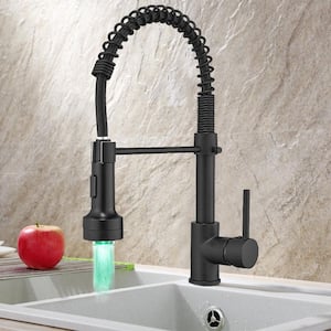 Single-Handle Spring Spout Pull Out Sprayer Kitchen Faucet with LED Light in Matte Black