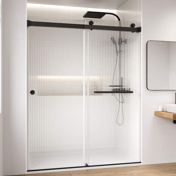 Fluted / Reeded Glass 60 in. W x 79 in. H Double Sliding Frameless Bath Shower Door in Matte Black