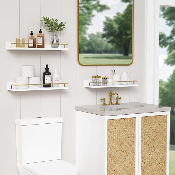17 in W x 6 in Floating Shelves for Wall, Bahtroom Wall Shelves Over Toilet, Decorative Wall Shelf White and Gold