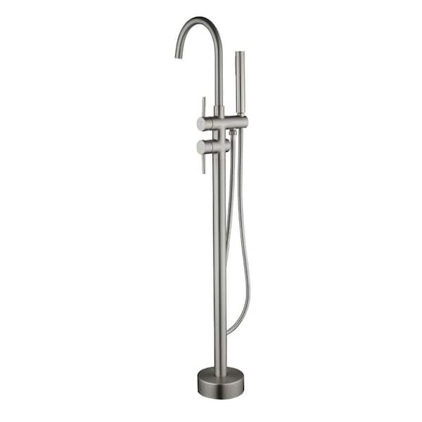 AIMADI 2-Handle Freestanding Tub Faucet with Hand Shower Modern Single Hole Brass Floor Mount Bathtub Fillers in Brushed Nickel