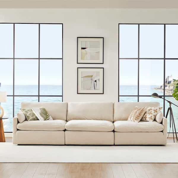 Spruce & Spring Humphrey 130.7" 3-piece Square Arm Fabric Modern Sofa with Reversible Cushions for Living Room in Beige