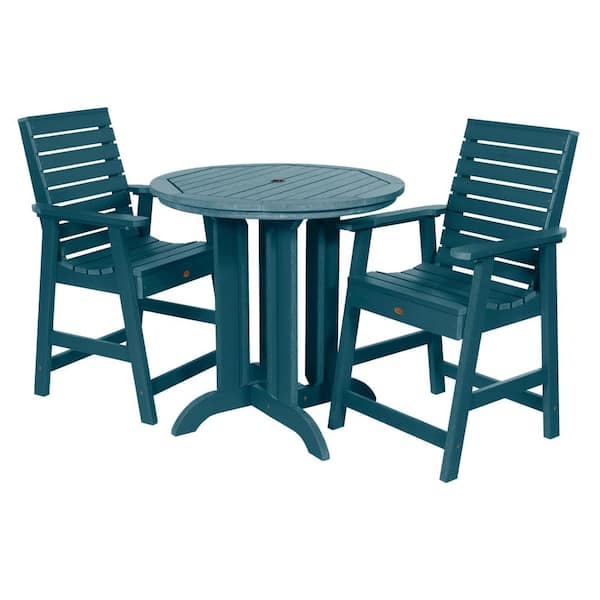 Highwood Weatherly Nantucket Blue 3-Piece Recycled Plastic Round Outdoor Balcony Height Dining Set