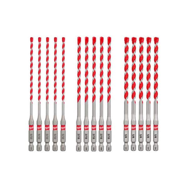 (15 Pack) SHOCKWAVE Carbide Hammer Drill Bits (5) 5/32 in., (5) 3/16 in., and (5) 1/4 in.