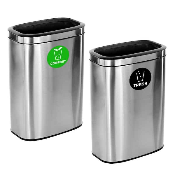 10.5 Gal. Stainless Steel Rectangular Liner Touchless Open Top Compost and Trash Can (2-Pack)