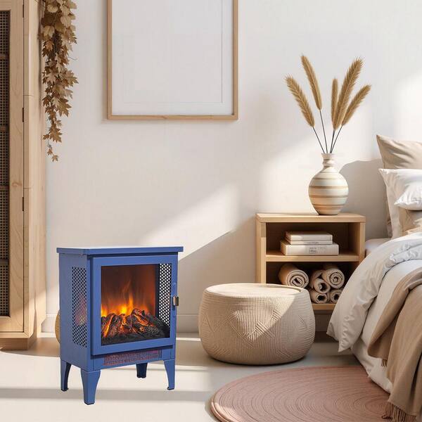 14 in. W 3-sided Freestanding Electric Fireplace in Blue Stove