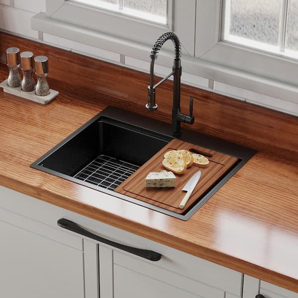 Staykiwi 30 in. Drop-in Single Bowl 16 Gauge Black Stainless Steel Kitchen Sink with Bottom Grids