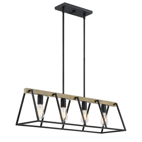 4-Light Black Farmhouse Chandelier Light Fixture with Caged Metal Shade