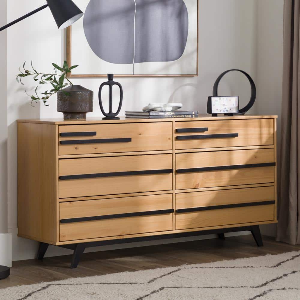 Natural Pine Mid-Century Modern 6-Drawer Solid Wood Dresser
