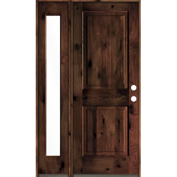 Krosswood Doors 44 in. x 80 in. Rustic knotty alder 2-Panel Left-Hand/Inswing Clear Glass Red Mahogany Stain Wood Prehung Front Door