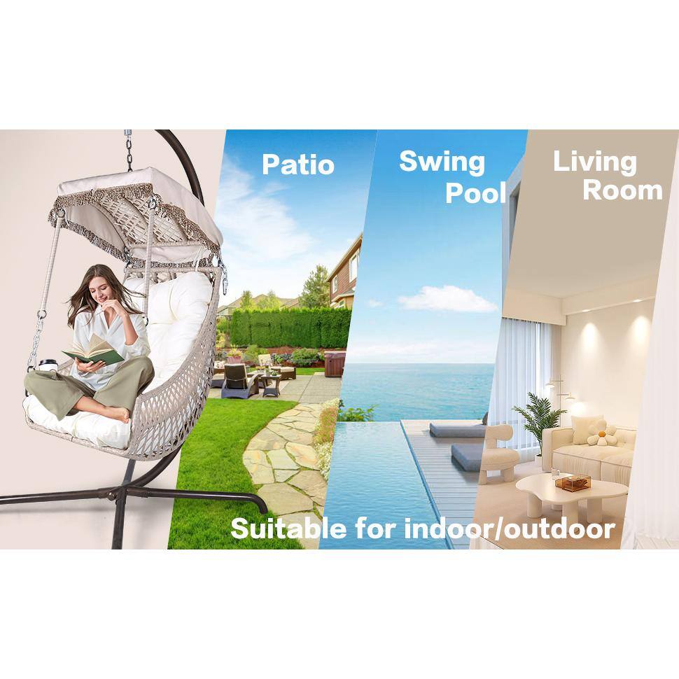 Beige Outdoor Egg Chair with White Cushions and Steel Frame