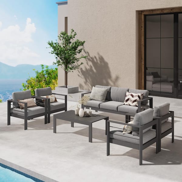 SUNVIVI Grey 6-Piece Aluminum Patio Conversation Set with Dark Grey ...