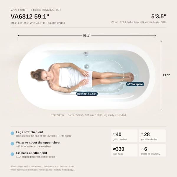 Vanity Art Lorient 67 in. Acrylic Flatbottom Freestanding Bathtub
