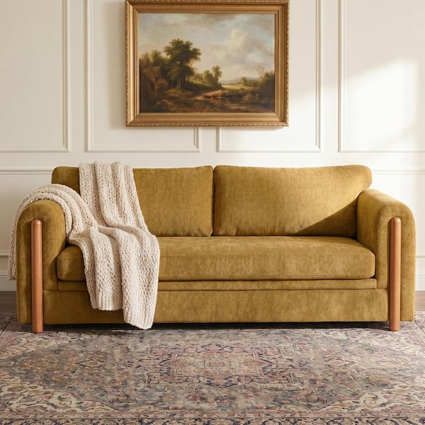 79.1 in. Rolled Arm Chenille Square Sofa in Yellow with 3-seater Upholstered Couch