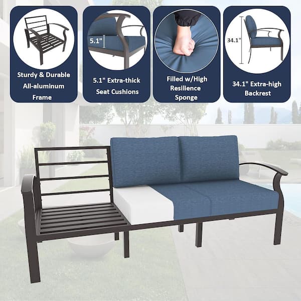 7-Seat Aluminum Patio Conversation Set with armrest, Fire pit Table,Swivel Rocking Chairs,Ottomans and NavyBlue Cushions