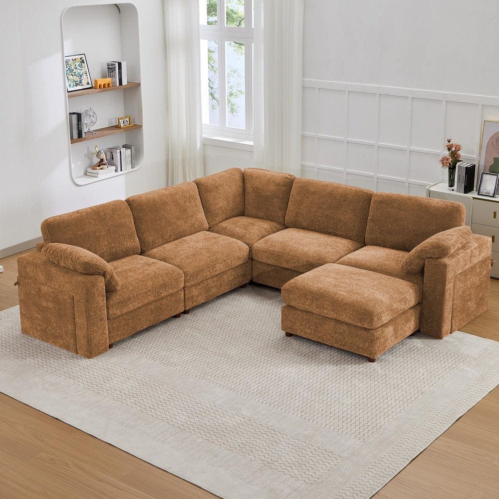 Seafuloy 121 in. Straight Arm 6-Piece Chenille Oversized Modular