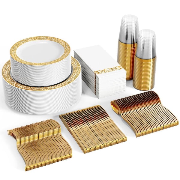 Gold Lace Heavy Duty Disposable Plastic Dinnerware Set Plates, Cups, Silverware and Napkins (Set of 350)