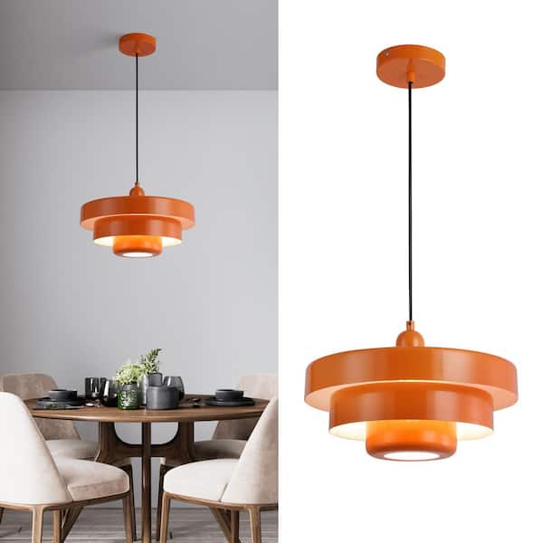 Modern 13.8 in. 1-Light Orange Dome Pendant Light with 3 Trays Metal Shade, Adjustable Height Chandelier, E26 Base