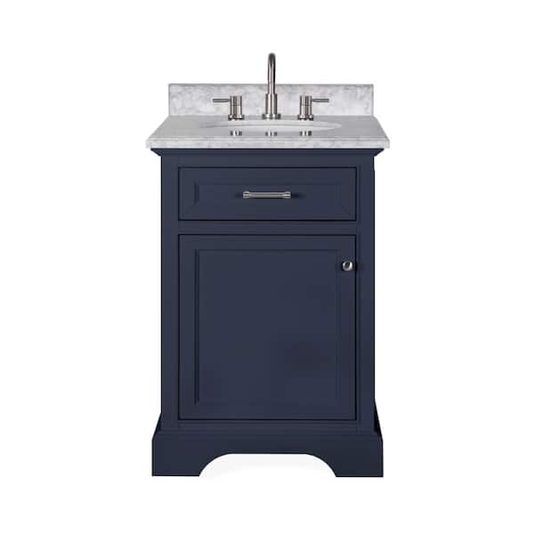 Windlowe 24 in. Single Sink Navy Blue Bath Vanity with White Carrara Marble Top (Assembled)
