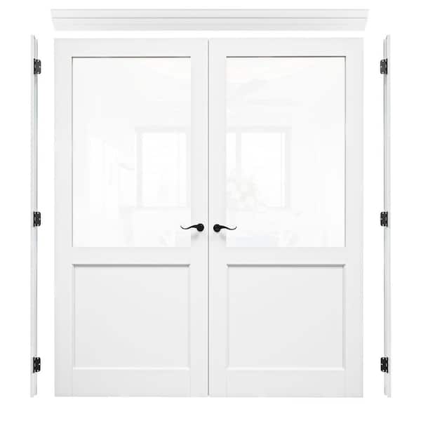 72 in. x 80 in. 1/2-Lite Clear Glass Universal White Solid Core Wood Double Prehung French Door Plus Quick Assemble Jamb