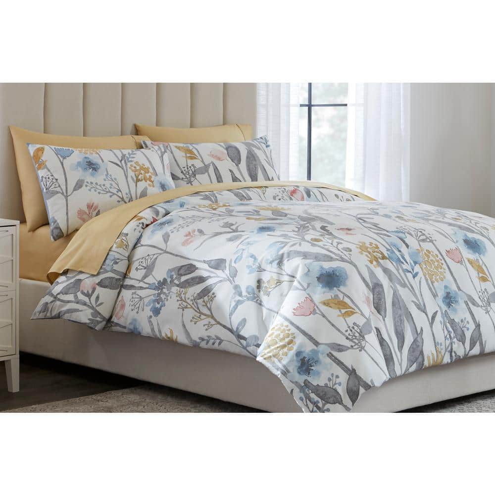 Home Decorators Collection Purcell 3Piece Washed Denim Botanical Full/Queen Duvet Cover Set