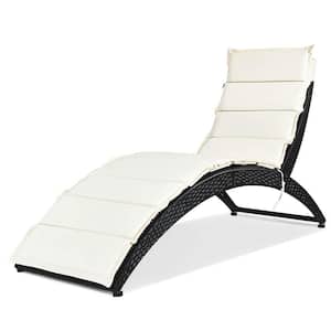 Black Wicker Folding Outdoor Patio Chaise Lounge with White Cushion