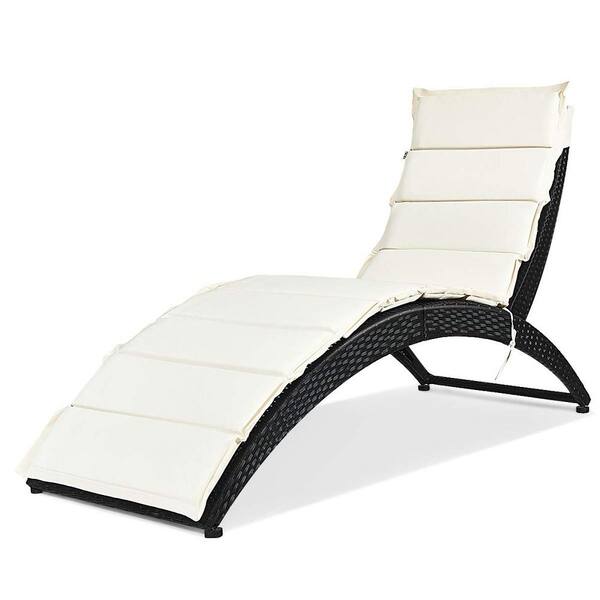 Alpulon Black Wicker Folding Outdoor Patio Chaise Lounge with White Cushion