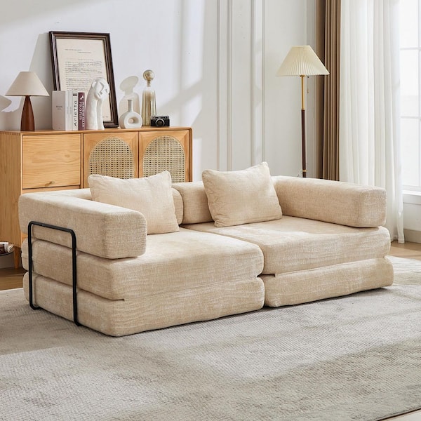 78.7 in. Armless Chenille Fabric Compression Sectional Sofa in Beige