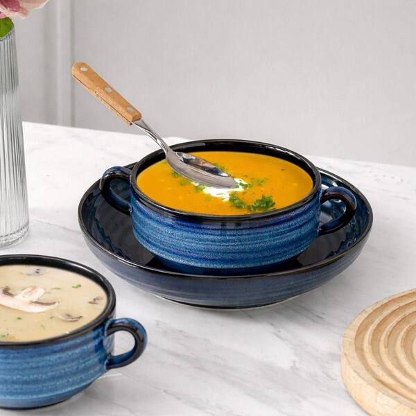 6-Piece Blue Ceramic Soup Bowls with Handles Microwave Dishwasher