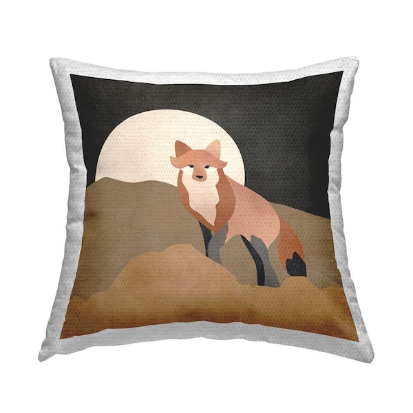 Fox and Full Moon Grey Square Outdoor Throw Pillow