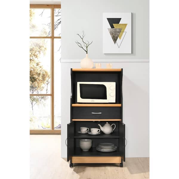 HODEDAH Storage Microwave Cart in Black-Beech Rolling with Wheels