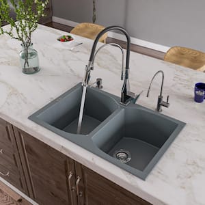 Drop-In Granite Composite 31.13 in. 1-Hole 50/50 Double Bowl Kitchen Sink in Titanium