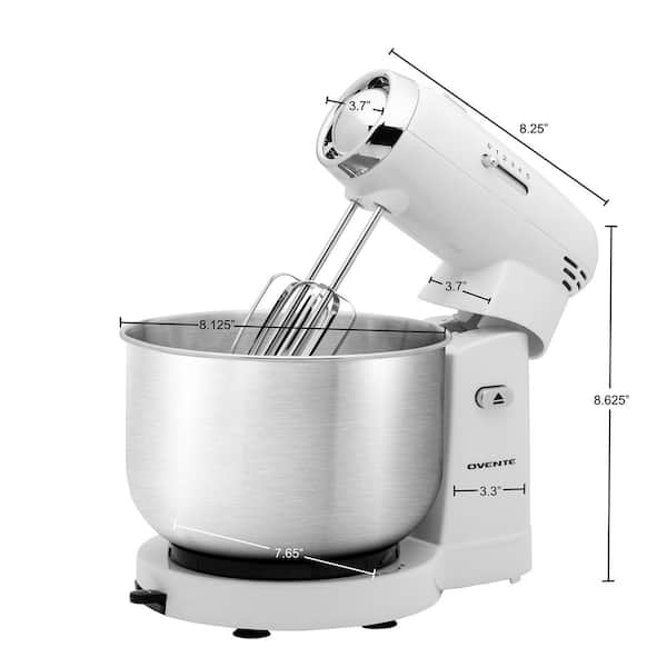 OVENTE Electric Stand Mixer 3.5 qt., 5 Speed Control, 250-Watt with 2  Blender Attachment Egg Beater Whisk and Dough Hook White SM680W - The Home  Depot