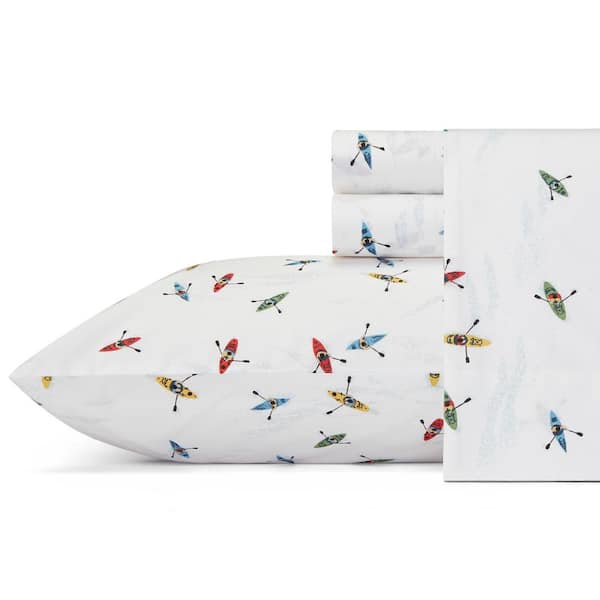 Eddie Bauer Kayaks 4-Piece White and Multi-Colored Graphic 200-Thread Count Cotton Percale King Sheet Set