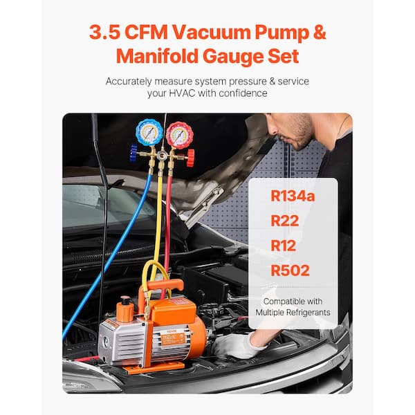3.5 CFM AC Vacuum Pump and Gauge Set Single Stage Rotary Vane HVAC Air Vacuum Pump A/C Refrigerant Manifold Gauge Kit