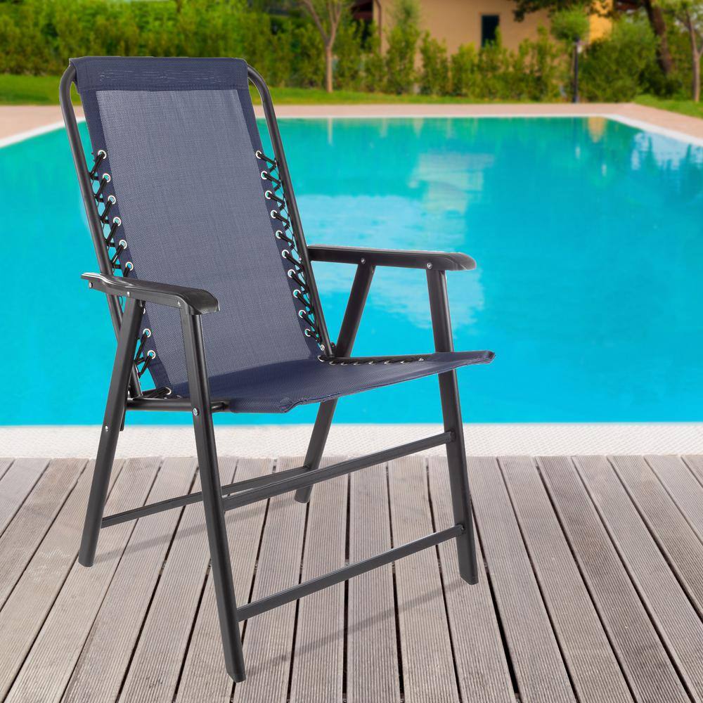 Set of 2 Navy Folding Camping Chairs with Textilene Fabric