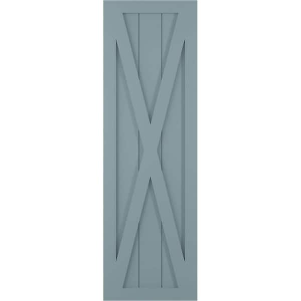 Ekena Millwork 15 in. x 73 in. True Fit PVC Single X-Board Farmhouse Fixed Mount Board and Batten Shutters Pair in Peaceful Blue